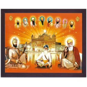 SANVIKA Guru Nanak Dev Ji Photo With Frame, Paper Poster With Frame, God Art For Wall, Sikh Decor Wall Framed Pictures for Home/Office, (Baba Deep Singh With Other 10 Gurus, (9" x 12")