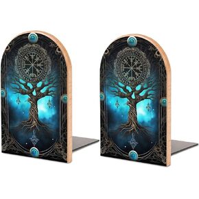 2 PCS Wood Book Ends,Tree of Life Viking Bookends for Shelves Non Skid Book Ends for Office Home Kitchen, Bookends for Holiding Books 5x3 Inch