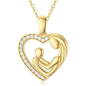 YDD 14K Solid Gold Mom Necklace for Women Mother Daughter Necklaces Mom and Child Love Heart Pendant Necklaces for Mother's Day New Mum Jewelry Gift in Birthday 16-18''