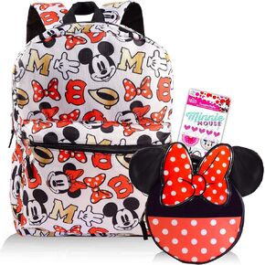 Disney Minnie Mouse Backpack with Lunch Box for Girls Bundle ~ Deluxe 16" Minnie Bag, Insulated Lunch Bag with Bow, and Stickers (Minnie Mouse School Supplies)