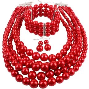 Exaggerated Layered Imitation Pearl Beads Choker Necklace Bracelet Drop Dangle Earring MultiLayer Stacking Statement Strand Polished Ball Costume Jewelry Sets for Women Girl