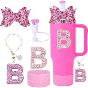 5Pcs Stanley Cup Accessories Set,Letter Charm for Stanley Cups,Including Diamond Straw,Bow straw,Sparkly Silicone Boot for Stanley Cup 30oz&40oz(C)