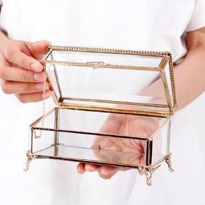 Rectangular Vintage Glass Jewelry Box with Hinged Lid, 6.8x3.9x3.5 Inches, Keepsake Box Storage for Rings Bracelet,Trinket and More (Silver)