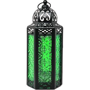 VELA LANTERNS 3pk Moroccan Candle Lantern Decorative Candle Holder Lamp for Table or Hanging, Indoor Home Decor, Outdoor Patio or Porch, Weddings, Black Metal, Medium, Green Glass