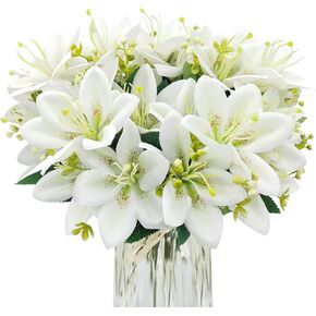 4 Bundles Artificial Tiger Lily Silk Flowers Faux Fake Lilies Plants for Wedding Bouquet Home Party Indoor Table Hotel Office Vases Floral Arrangements Outdoor Garden Decor (White)