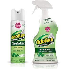 OdoBan Ready-to-Use Disinfectant and Odor Eliminator, Cleaner and Fabric/Air Freshener, Set of 2, 14.6 Ounce 360-Degree Continuous Spray and 32 Ounce Trigger Spray, Original Eucalyptus Scent