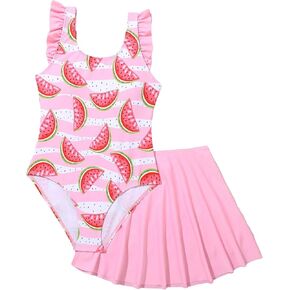 WDIRARA Girl's Cute Strawberry Print Swimsuit Ruffle Trim One Piece Bathing Suit with Flare Skirt
