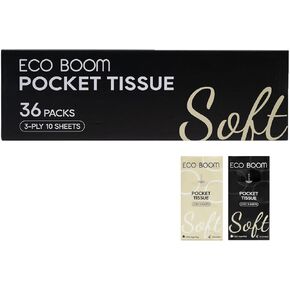 ECO BOOM Soft Pocket Tissues, Travel Size, 3-Ply, Hypoallergenic, 36 Packs, Eco-Friendly Facial Tissues for Car, Purse, and School