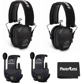 Walker's Razor Slim Low Profile Compact Design Adjustable Hearing Protection Electronic Earmuffs - Black Bundle Razor Walkie Talkie Attachment - 22 Channels 3 Miles Range (2 Pack)