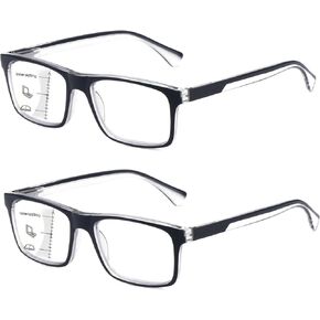 Missfive 2-Pack Mens Light Multifocus Progressive Reading Glasses Blue Light Blocking, Multifocal Spring Hinge No-Line Trifocal Readers Black Eyeglasses(Workspace For Near Range, 2.5)