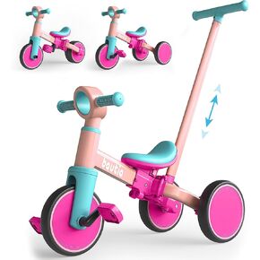 Kids Tricycle for Toddlers 1-3 with Push Handle, 5 in 1 Baby Balance Bike Toy for 1-4 Years Old Boys Girls Gift with Removable Pedals (No Parent Steering Version)