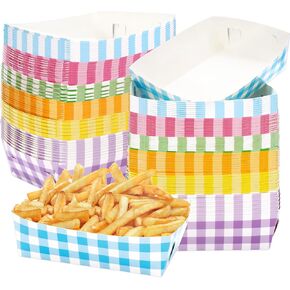 AnyDesign 120Pcs Plaid Paper Food Trays 6 Colors Disposable Food Holder Trays Colorful Checkered Food Holders Greaseproof Paper Food Boats for Birthday Party Dinner Cooking Frying Bakery Food