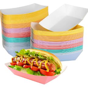 TINSKY 120 قطعة من قوارب الطعام الورقية، أطباق هوت دوج للاستعمال مرة واحدة، صواني هوت دوج ملونة للاستعمال مرة واحدة، قوارب من الورق المقوى لتقديم الأطعمة والتوابل والوجبات الخفيفة والمقبلات in Kuwait