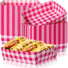Suclain 36 Pack Hot Pink and White Gingham Paper Trays 5 lb Grease Resistant Large Snack Serving Trays Disposable Food Boats for Girls Birthday Anniversary Wedding Bridal Shower Supplies
