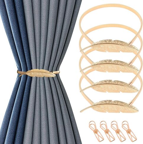 4 Pack Gold Curtain Tiebacks, Metal Curtain Tiebacks No Drill, Curtain Ties, Vintage Curtain Holdbacks for Drapery Patio, Golden Home Decor (Feathers) in Saudi Arabia