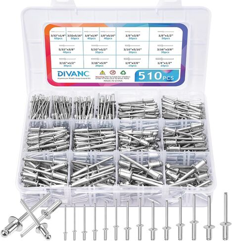 510pcs Pop Rivets Assortment Kit,14 SAE Sizes Aluminum Rivets (3/32" 1/8" 5/32" 3/16" 1/4"),Assorted Blind Rivets for Metal with Reinforced Label Case,for Furniture and Plastic Frame Windows (Silver) in Saudi Arabia