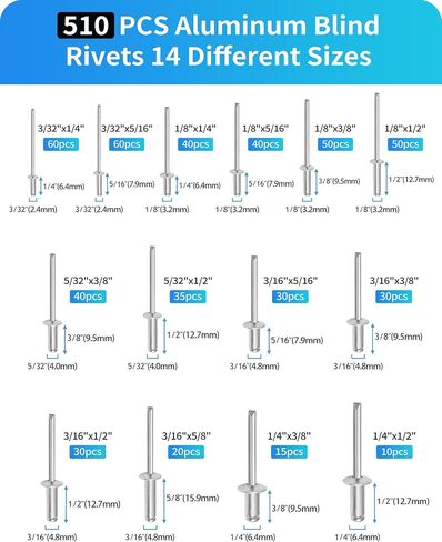 510pcs Pop Rivets Assortment Kit,14 SAE Sizes Aluminum Rivets (3/32" 1/8" 5/32" 3/16" 1/4"),Assorted Blind Rivets for Metal with Reinforced Label Case,for Furniture and Plastic Frame Windows (Silver) in Saudi Arabia