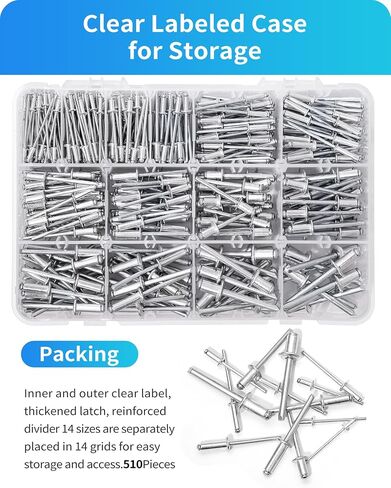 510pcs Pop Rivets Assortment Kit,14 SAE Sizes Aluminum Rivets (3/32" 1/8" 5/32" 3/16" 1/4"),Assorted Blind Rivets for Metal with Reinforced Label Case,for Furniture and Plastic Frame Windows (Silver) in Saudi Arabia