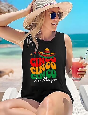 سينكو دي مايو تانك توب للنساء 5th مايو المكسيكي فييستا تيز المكسيك بلا أكمام تي شيرت عطلة حفلة سترة علوية in Kuwait
