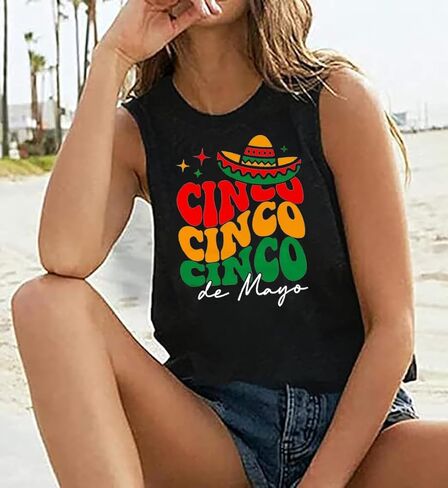 سينكو دي مايو تانك توب للنساء 5th مايو المكسيكي فييستا تيز المكسيك بلا أكمام تي شيرت عطلة حفلة سترة علوية in Kuwait