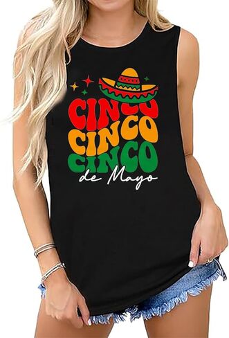 سينكو دي مايو تانك توب للنساء 5th مايو المكسيكي فييستا تيز المكسيك بلا أكمام تي شيرت عطلة حفلة سترة علوية in Kuwait