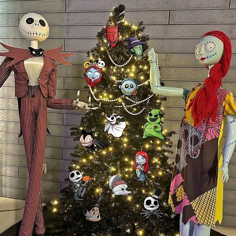 36 Pcs Halloween Jack Skellington Christmas Tree Ornaments, Sally Monster Witch Cardboard Tree Hanging Decorations Set, Funny Indoor Home Decor Holiday Party Supplies with Gold Rope in Saudi Arabia