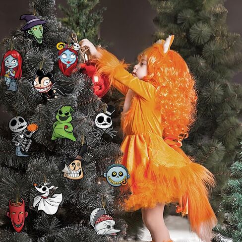 36 Pcs Halloween Jack Skellington Christmas Tree Ornaments, Sally Monster Witch Cardboard Tree Hanging Decorations Set, Funny Indoor Home Decor Holiday Party Supplies with Gold Rope in Saudi Arabia