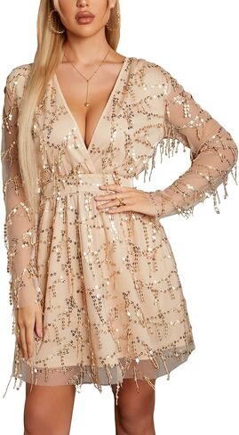 Women's Sexy Deep V Neck Sequin Glitter Bodycon Short Mini Party Club Dress in Saudi Arabia
