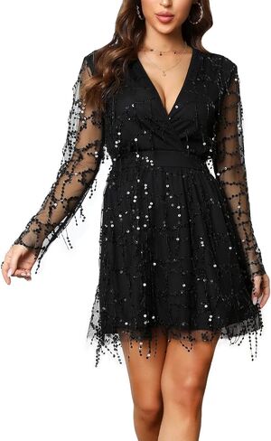 Women's Sexy Deep V Neck Sequin Glitter Bodycon Short Mini Party Club Dress in Saudi Arabia