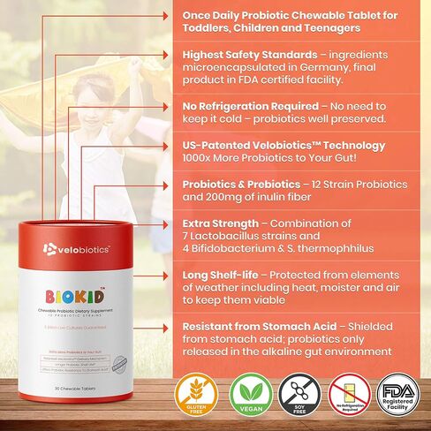 BioKid Probiotics Chewable Tab for Children’s Immune & Digestive Health-Delivers 1000x More Probiotics-US-Patented Technology-Longer Shelf Life, Protected from Stomach Acid-Raspberry Flavor (30) in Saudi Arabia