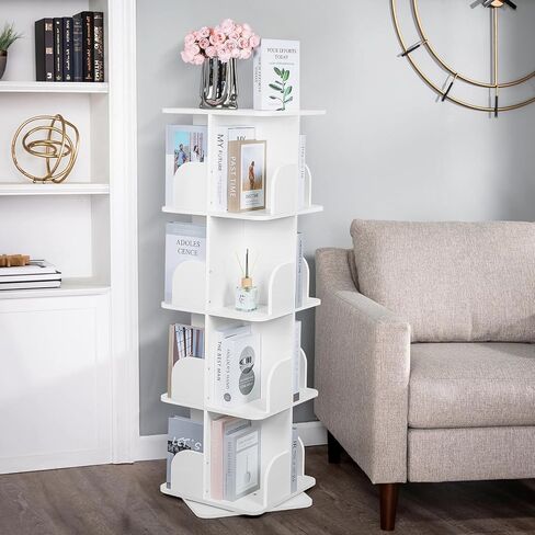 4 Tier Rotating Bookshelf, 360° Rotating Shelves Bookshelf Organizer Floor Standing Bookcase Storage for Home Office Living Room Study White in Saudi Arabia