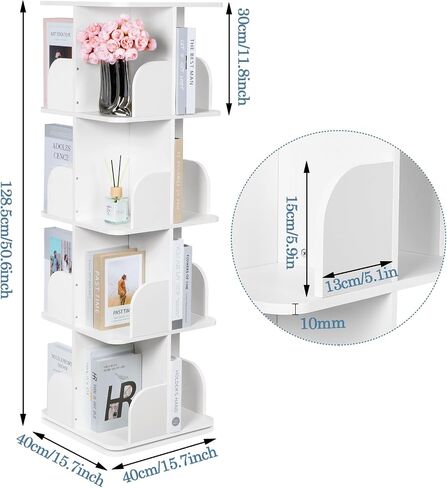 4 Tier Rotating Bookshelf, 360° Rotating Shelves Bookshelf Organizer Floor Standing Bookcase Storage for Home Office Living Room Study White in Saudi Arabia