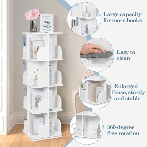 4 Tier Rotating Bookshelf, 360° Rotating Shelves Bookshelf Organizer Floor Standing Bookcase Storage for Home Office Living Room Study White in Saudi Arabia