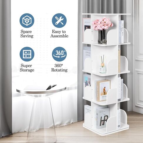 4 Tier Rotating Bookshelf, 360° Rotating Shelves Bookshelf Organizer Floor Standing Bookcase Storage for Home Office Living Room Study White in Saudi Arabia