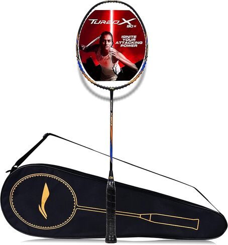 مضرب كرة الريشة Li-Ning Turbo X III من ألياف الكربون مع غطاء مضرب مجاني لكبار السن (أسود/ذهبي، 87 جرام) in Kuwait