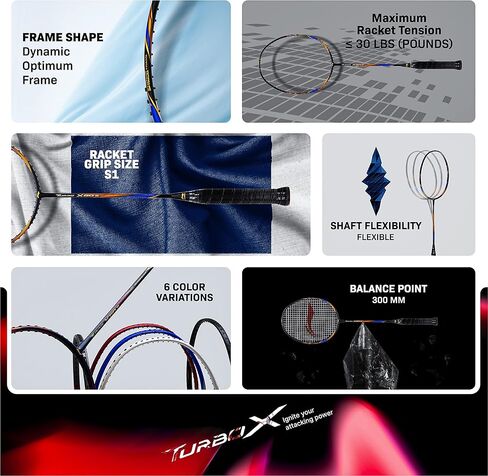 مضرب كرة الريشة Li-Ning Turbo X III من ألياف الكربون مع غطاء مضرب مجاني لكبار السن (أسود/ذهبي، 87 جرام) in Kuwait