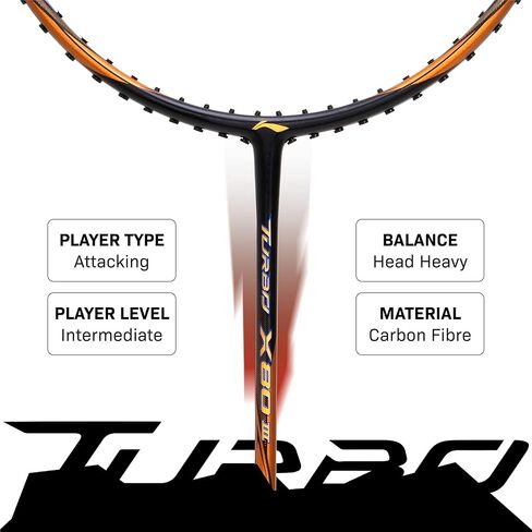 مضرب كرة الريشة Li-Ning Turbo X III من ألياف الكربون مع غطاء مضرب مجاني لكبار السن (أسود/ذهبي، 87 جرام) in Kuwait