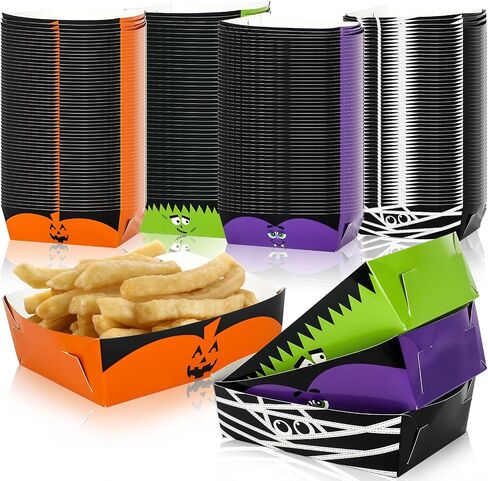 Whaline 120Pcs Halloween Paper Food Trays Pumpkin Mummy Bat Frankenstein Paper Food Boats Funny Cartoon Food Holder Disposable Serving Trays for Hot Dog Popcorn Taco Party Supplies in Saudi Arabia
