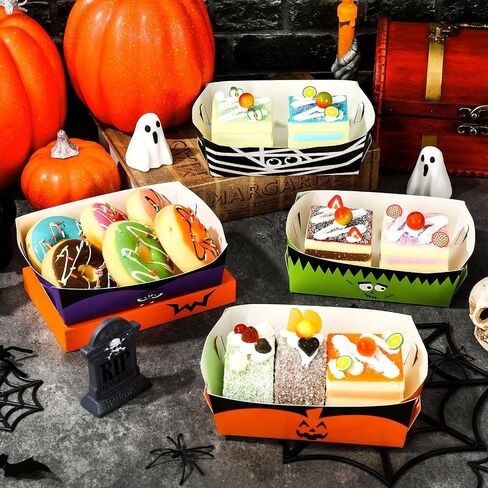 Whaline 120Pcs Halloween Paper Food Trays Pumpkin Mummy Bat Frankenstein Paper Food Boats Funny Cartoon Food Holder Disposable Serving Trays for Hot Dog Popcorn Taco Party Supplies in Saudi Arabia