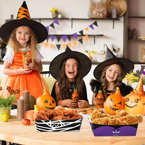 Whaline 120Pcs Halloween Paper Food Trays Pumpkin Mummy Bat Frankenstein Paper Food Boats Funny Cartoon Food Holder Disposable Serving Trays for Hot Dog Popcorn Taco Party Supplies in Saudi Arabia