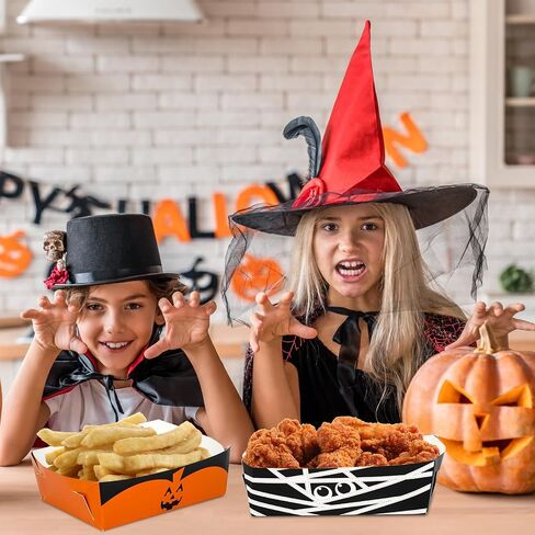 Whaline 120Pcs Halloween Paper Food Trays Pumpkin Mummy Bat Frankenstein Paper Food Boats Funny Cartoon Food Holder Disposable Serving Trays for Hot Dog Popcorn Taco Party Supplies in Saudi Arabia