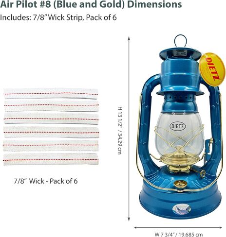 Light of Mine - Dietz #08 Air Pilot Blue with Gold Trim Oil Lantern with Replacement Wick Strips (Blue with Gold Trim) in Kuwait