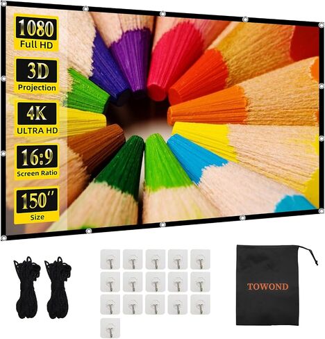 Projector Screen TOWOND 150 inch Projection Screen Indoor Outdoor Washable Anti-Crease 16:9 HD Rear Front Movies Screen for Home Theater Office in Kuwait