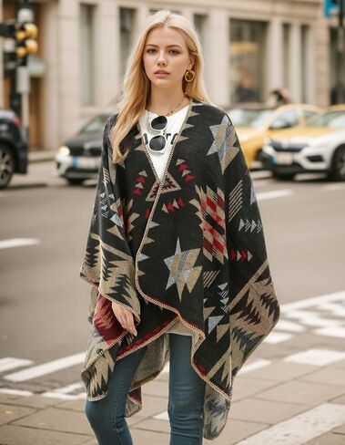 Women's Travel Plaid Shawl Wraps Open Front Poncho Cape Warm Oversized Sweaters Casual Cardigan Shawls for Fall Winter,Series 03-Stars Diamonds in Kuwait