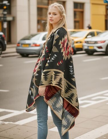 Women's Travel Plaid Shawl Wraps Open Front Poncho Cape Warm Oversized Sweaters Casual Cardigan Shawls for Fall Winter,Series 03-Stars Diamonds in Kuwait