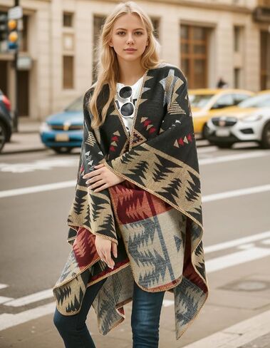 Women's Travel Plaid Shawl Wraps Open Front Poncho Cape Warm Oversized Sweaters Casual Cardigan Shawls for Fall Winter,Series 03-Stars Diamonds in Kuwait