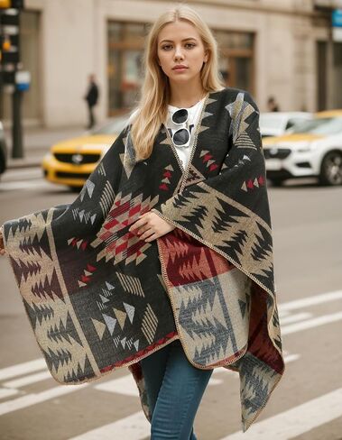 Women's Travel Plaid Shawl Wraps Open Front Poncho Cape Warm Oversized Sweaters Casual Cardigan Shawls for Fall Winter,Series 03-Stars Diamonds in Kuwait