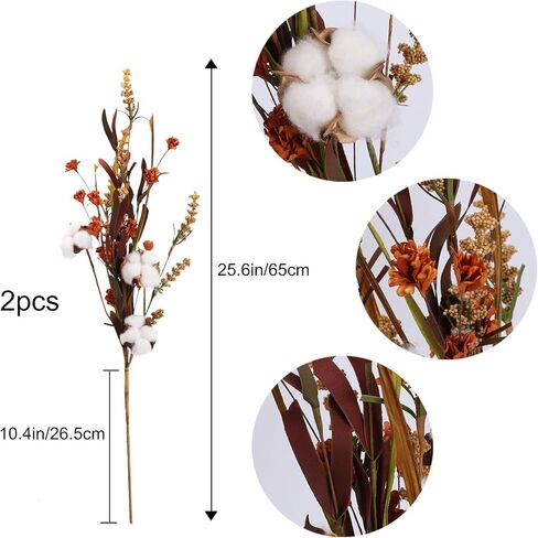 HUAESIN 2 جهاز كمبيوتر شخصى زهور سقوط اصطناعية 25 بوصة ينبع زهور الخريف مع 3 زهور قطنية سيقان قطنية ديكور فروع الخريف ترتيب زهور للمنزل قطع مركزية لعيد الشكر ديكور مهرجان الخريف in Kuwait