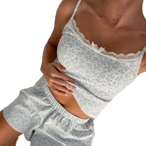 Women Y2K Pajamas Set Sexy Lace Trim Floral Print Crop Cami Tops and Shorts Set 2 Piece Outfit Summer Loungewear Set (B-A White, L) in Saudi Arabia