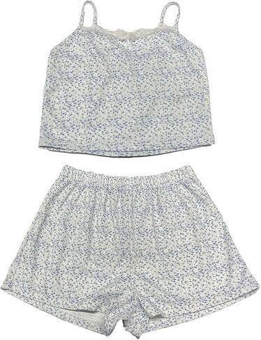 Women Y2K Pajamas Set Sexy Lace Trim Floral Print Crop Cami Tops and Shorts Set 2 Piece Outfit Summer Loungewear Set (B-A White, L) in Saudi Arabia